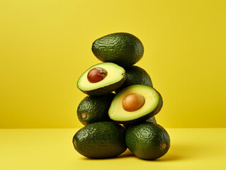 Group of Ripe Avocados on a Yellow Background