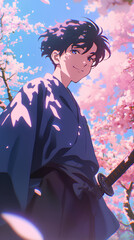 Sticker - handsome cool japanese anime guy, cherry blossom tree background, anime wallpaper