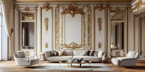 Wall Mural - contemporary design of living room with elegant gold molding frames background and luxury wooden floor 