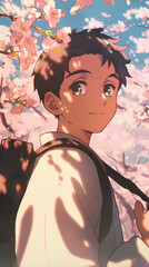 Sticker - handsome cool japanese anime guy, cherry blossom tree background, anime wallpaper