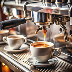 A dynamic view of espresso streaming from a café espresso machine, filling a cup with creamy.The stainless steel machine, with a hint of café activity in the background