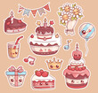 © Ludmila - Holiday stickers set. Isolated kawaii cartoon character. Festive birthday cake with candles and strawberries, crown, bouquet flowers, gift, balloon, crown, note and glass lemonade. Vector illustration