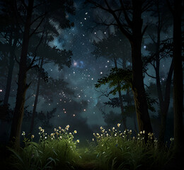 Wall Mural - Dark mystical forest sky with scattered stars illumine AI generative