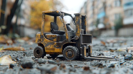 Poster - Illustrate the versatility of forklifts as they navigate uneven terrain and tight spaces on a construction site, adeptly transporting materials