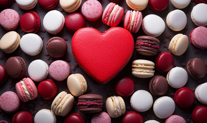 Heart-shaped macaron surrounded by red and white macarons