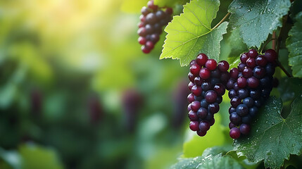 Wall Mural - Close-up of ripe red grapes hanging from a vine, with green leaves and a blurred background.