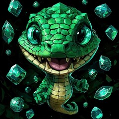 Poster - Cute Green Dragon with Gems