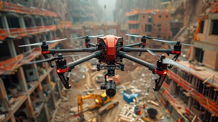 Poster - Paint a scene of a drone conducting thermal imaging inspections at a construction site, detecting heat anomalies in building materials