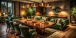 © kansak01 - Soft Evening Glow intimate gathering space rustic wooden dining table surrounded warm ambient lighting plush velvet sofas rich emerald green accents cozy conversation circle