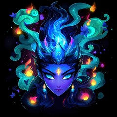 Wall Mural - Mystical Blue-Haired Woman with Flames and Smoke