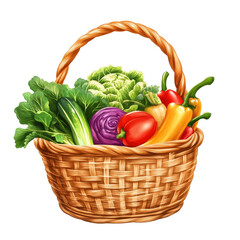 Wall Mural - A wicker basket brimming with fresh veggies like peppers, lettuce, and cucumbers promotes healthy eating, basket with vegetables on transparent background