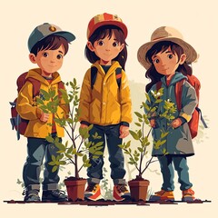 Wall Mural - Vector Art Depicting Youth Participation in Tree Planting Event