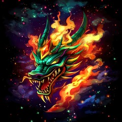 Wall Mural - Fiery Dragon Head Against a Starry Night Sky