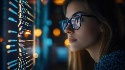 Wall Mural - Data Analytics Woman,  A woman in glasses works on a computer, exploring cybersecurity, programming, and GDPR compliance with a hologram overlay and coding scripts