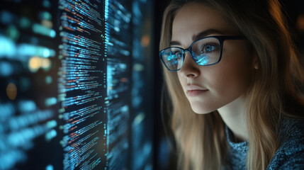 Wall Mural - Woman Programmer,  A woman in glasses works on coding and data analytics, researching cybersecurity on her computer with holographic overlays for IT and GDPR