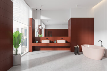 Wall Mural - Modern bathroom interior with red tiles and large windows. 3D Rendering