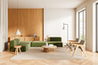 © ImageFlow - Modern living room with green sofa and wooden accents. 3D Rendering
