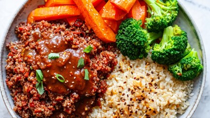 Wall Mural - Beef with Harissa sauce, baked broccoli, carrots and tricolor quinoa.