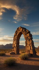 Wall Mural - A stone archway in a desert landscape, illuminated by the setting sun and creating a dramatic scene.