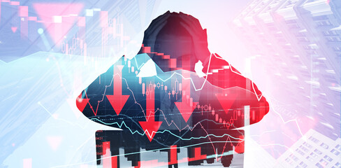 Wall Mural - Stock market crash concept with stressed person and financial graphs.