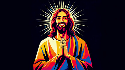 Jesus Christ in cartoon flat design style smiling with rays of light on isolated background new beautiful stock image illustration AI