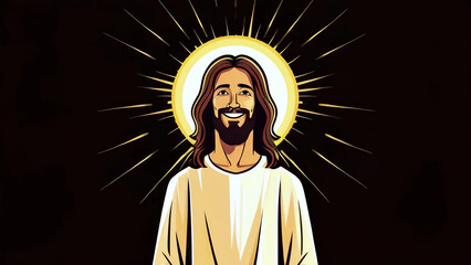 Wall Mural - Jesus Christ in cartoon flat design style smiling with rays of light on isolated background new beautiful stock image illustration AI