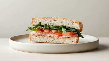 Delicious Fresh Sandwich on Plate with Tomato, Lettuce, and Spread