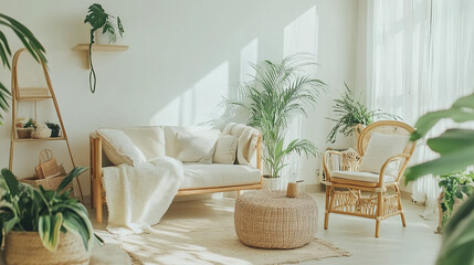 The interior design, with its light-wood furniture, white walls and green plants, creates a warm and airy ambience.