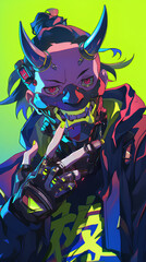 Poster - Cyberpunk anime boy head design Oni mask sign pose, profile view with generated ai