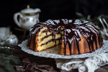 Delicious bundt cake with melted chocolate and icing sugar being cut with christmas decorations around