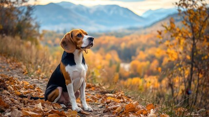 A beagle sitting attentively on a hiking trail, surrounded by autumn leaves, with a beautiful mountain vista in the background.