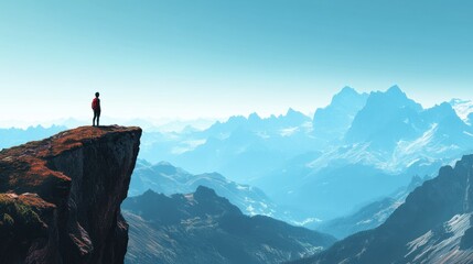 A hiker stands on a cliff edge, gazing at a vast mountain landscape with layers of mountains fading into the distance under a clear blue sky.