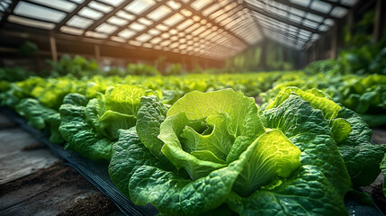 Fresh lettuce growing in a greenhouse.