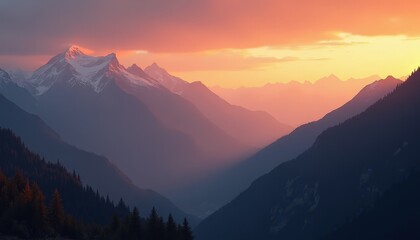 Mountain Sunset Silhouette: Majestic Peaks and Vibrant Sky Colors