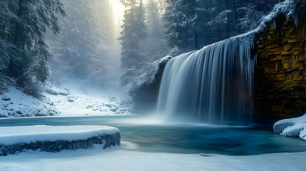 Sticker - Frozen waterfall in a snowy forest.