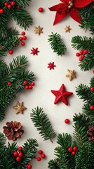 Canvas Print - Festive Christmas Background with Pine Branches, Red Berries, Stars and Poinsettia