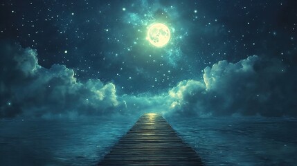 Wall Mural - A serene and evocative scene, featuring a wooden pathway leading into a vast, tranquil body of water under a night sky filled with stars. The full moon shines brightly at the center of the image, cast
