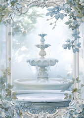 A beautiful vintage border with an ornate water fountain in the center, surrounded by a misty garden. The background is light blue and white, creating a dreamlike atmosphere