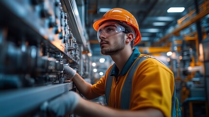 Young engineer wearing safety gear inspecting machinery in a modern factory, highlighting industrial operation and maintenance.