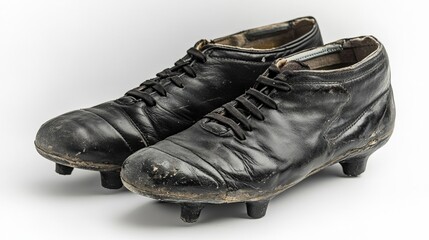 Black leather football soccer boots, dirty and scuffed from use, displayed on a white background, symbolizing the hard work and effort of the game.