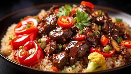 Wall Mural - Beef with Teriyaki sauce, cauliflower, red bell pepper and brown rice with mushrooms.