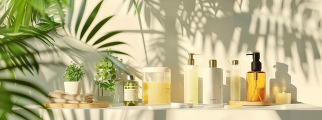 Wall Mural - Natural skincare products displayed on a sunlit table with greenery