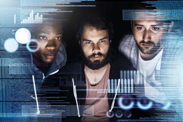 Business people, data and night with overlay for future development, analytics or statistics at office. Group of young developers working late on futuristic technology for graph, chart or coding