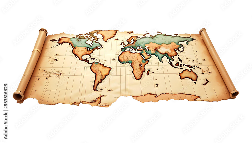 old paper scroll world map illustration design on transparent ...