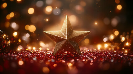 Gold glitter star on red glitter background with bokeh lights.