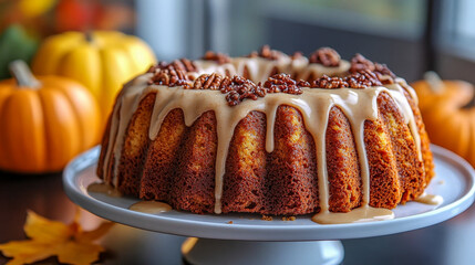 Freshly baked pumpkin spice bundt cake topped with pecans and a rich cream cheese icing