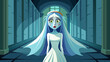 © theartcreator - A ghostly bride with a sorrowful yet beautiful face, drifting through a dark, abandoned hallway. Her expression is both haunting and graceful.
