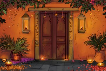 Wall Mural - Welcoming traditional indian home decorated with oil lamps and flowers at night