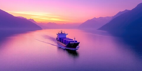 A cargo ship with containers on the sea during sunset and mountain,purple sky on background