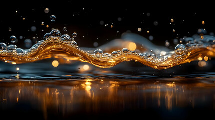 Wall Mural - Golden liquid wave with air bubbles and bokeh effect.